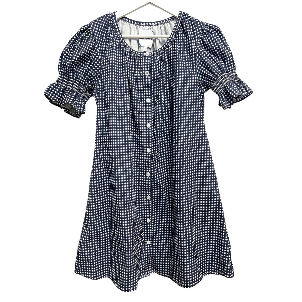 Addison Bay Gingham Mini Dress Womens XS Navy White Puff Sleeve Button Front